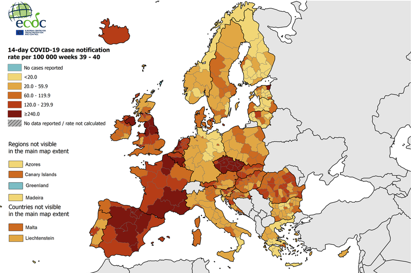 Pregledali smo, kako se druge evropske države soočajo z alarmantnim porastom okužb (foto: ecdc.europa.eu)