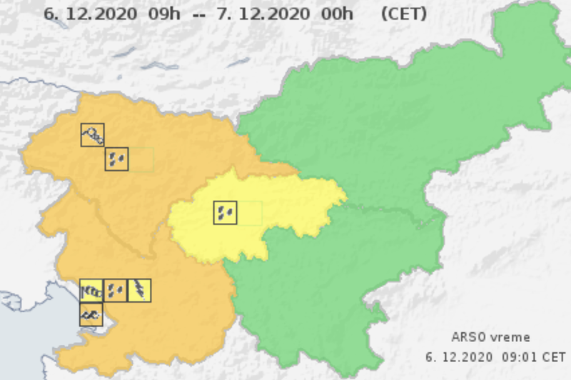 Oranžni alarm za zahodno Slovenijo, okrepljen jugo, močno deževje in nevarnost plazov (foto: Arso)