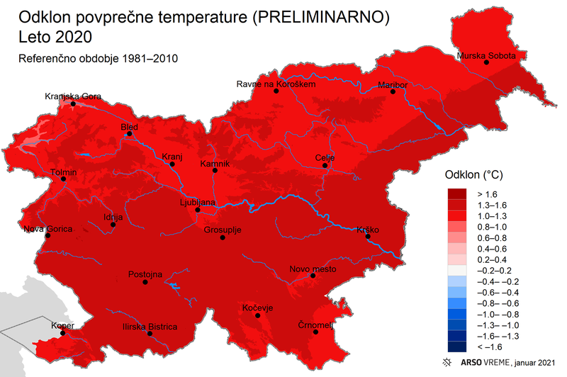 Leto 2020 je bilo v Sloveniji nadpovprečno toplo, povprečno namočeno in nadpovprečno osončeno (foto: Arso)