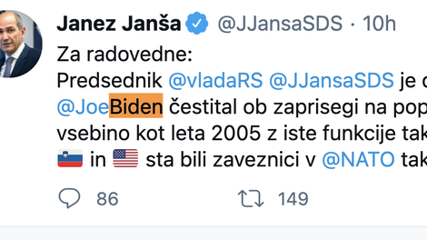 Janša poslal čestitko novemu ameriškemu predsedniku Bidnu