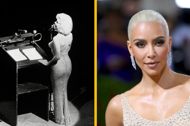 FOTO: Groza! Poglejte, kako je Kim Kardashian UNIČILA znamenito obleko Marilyn Monroe (foto: Profimedia/fotomontaža)