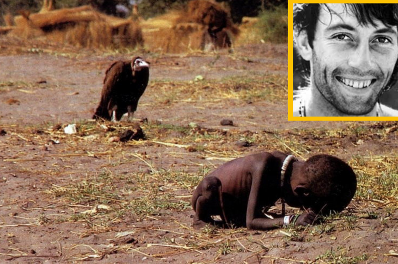 Zakaj fotograf Kevin Carter ni pomagal umirajoči deklici, ki jo je želel pojesti jastreb? (foto: historyofyesterday/fotomontaža)