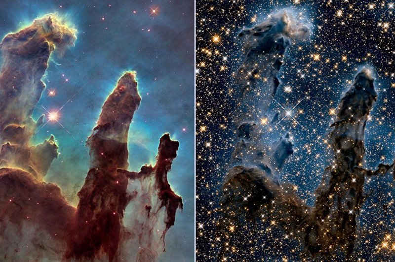 Takšna je primerjava slik Hubbla in Webba (foto: NASA, ESA, the Hubble Heritage Team (STScI/AURA), A. Nota (ESA/STScI), Westerlund 2 Science Team)