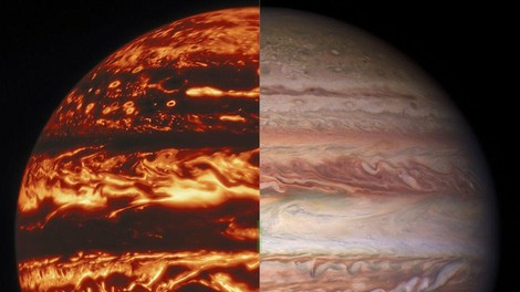 Jupiter v infrardeči svetlobi (levo) teleskopa Gemini North in v vidni svetlobi (desno vesoljskega teleskopa Hubble