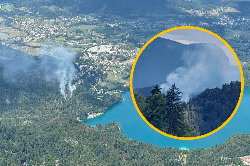 Požar na Bledu: poleg gasilcev na terenu tudi helikopter (foto: PU Kranj/Facebook/Blaž Jaz)