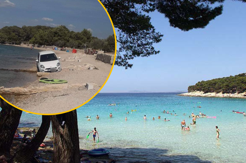 FOTO: Smešno ali zaskrbljujoče? Z avtomobilom je na plaži parkiral, kot da je eden izmed kopalcev (foto: Facebook/Murter/Uživo sa slavonskih prometnica/fotomontaža)