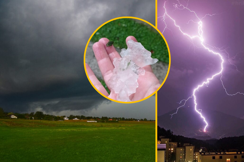 (FOTO in VIDEO) Klestila toča, dež poplavil priljubljeno galerijo, udar strele zanetil požar: neurja se bodo še nadaljevala! (foto: Neurje.si/Nejc Parašuh/Facebook/Hribovc/fotomontaža)