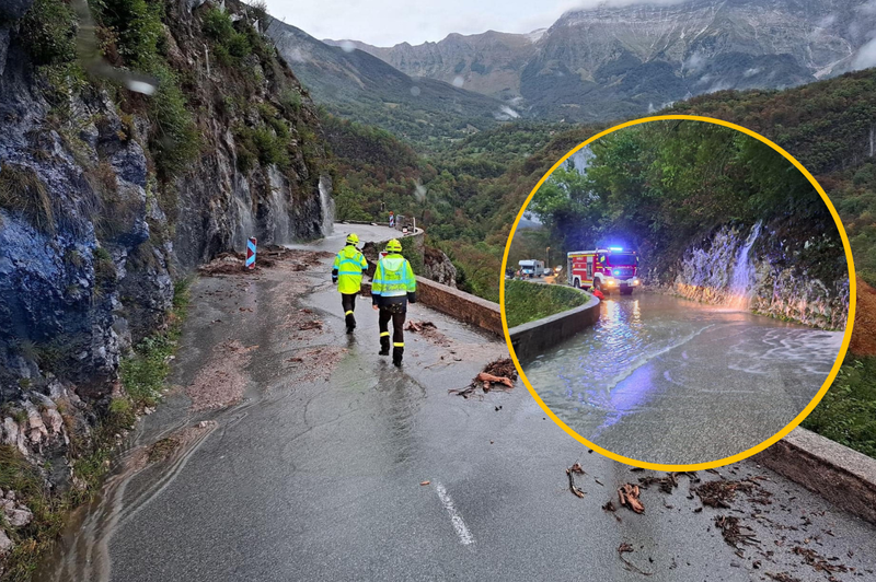 (FOTO) Slovenijo zajele poplave: zaradi plazu se je udrla cesta (foto: Facebook/Neurje.si/fotomontaža)