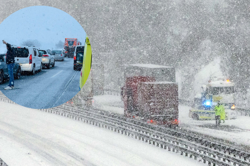 Na slovenskih avtocestah je vse mogoče: eden sredi ceste na sneg kar v natikačih, drugi fotografiral samega sebe (foto: BOBO/Facebook/InfoPot/fotomontaža)