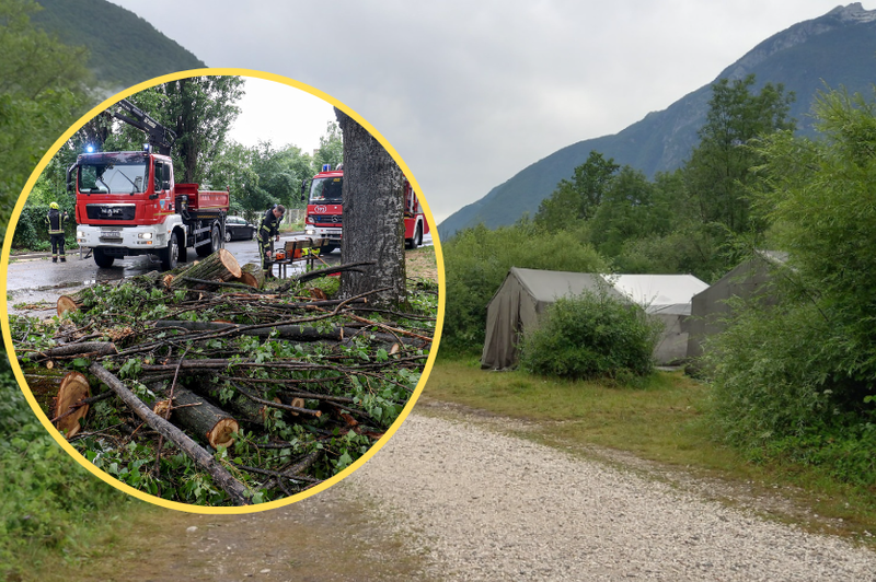 Burna noč za mlade tabornike: v bližini njihovih šotorov so padala drevesa, reševati so jih morali gasilci (foto: Facebook/PD Zabukovica/Bobo/fotomontaža)