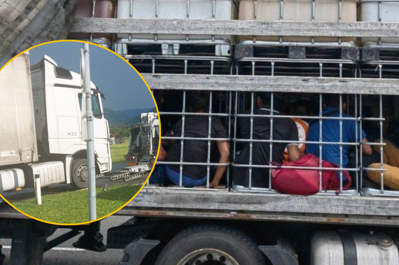 FOTO: Policisti so ga ustavili, ker je telefoniral in ni bil pripasan (nato pa odkrili, da prevaža kar 19 nezakonitih migrantov) (foto: Policija.si/fotomontaža)