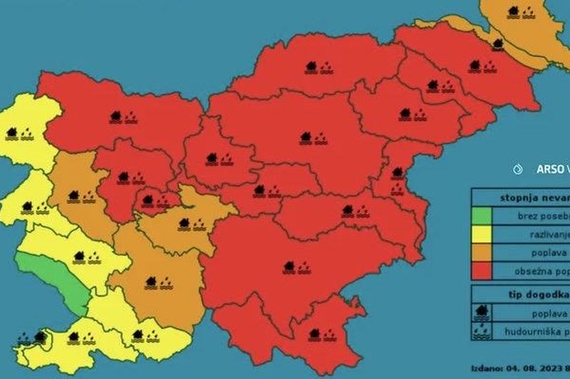 Najnovejša napoved hidrologov: to so področja v Sloveniji, kjer lahko v naslednjih urah pričakujemo poplave večjega obsega (foto: Arso)