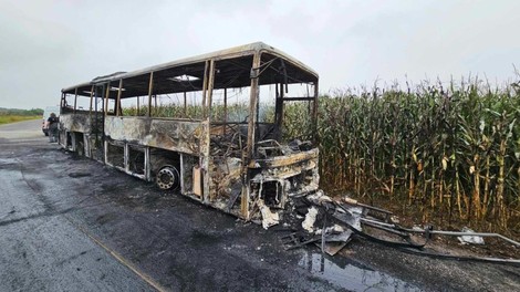 Drama v Hočah: ob gramoznici pogorel ukraden avtobus (FOTO)