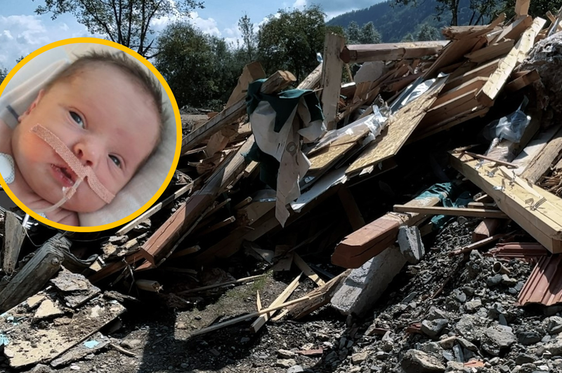 Pomagajmo jim! Družina 6-mesečnega Oskarja, ki ima hudo redko bolezen, je v poplavah izgubila vse, za kar sta starša trdo garala (foto: Facebook/Društvo Viljem Julijan/fotomontaža)