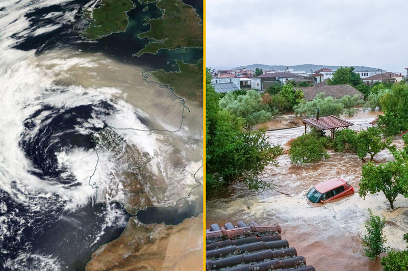 Grčiji grozi nevaren ciklon tropskih razsežnosti (tam je še vedno na dopustu veliko Slovencev) (foto: Facebook/Neurje.si/Profimedia/fotomontaža)