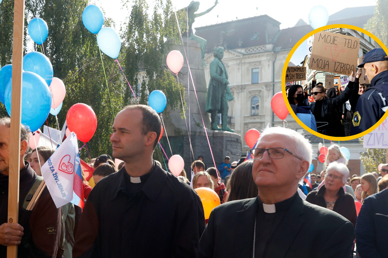 FOTO: V središču Ljubljane so se zbrali tako zagovorniki kot nasprotniki pravice do splava (foto: Borut Živulovič/Bobo/fotomontaža)