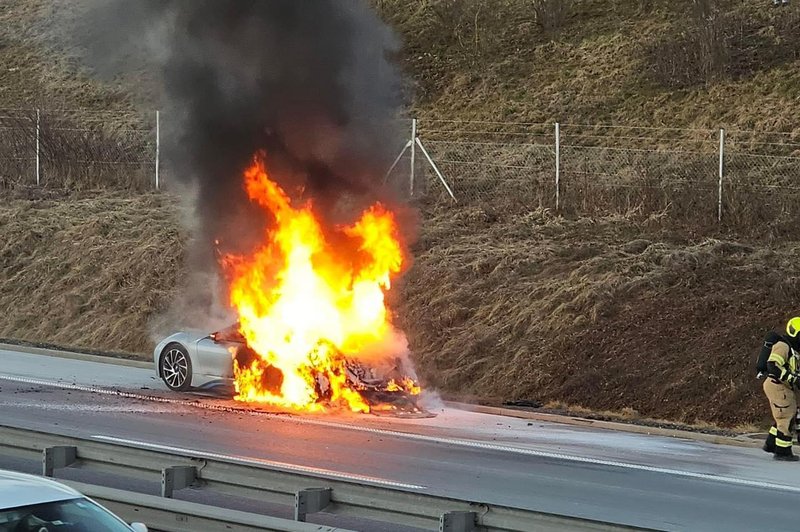 Ognjeni zublji na gorenjski avtocesti: pogorel je električni avto (FOTO) (foto: Facebook/Gasilci Radovljica)