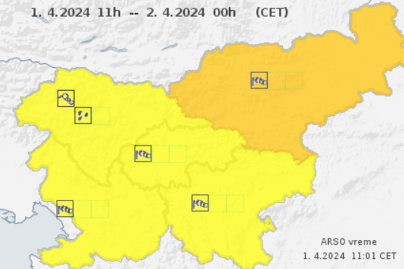 Arso z oranžnim opozorilom za del države (drugod izdano rumeno) (foto: Arso/posnetek zaslona)