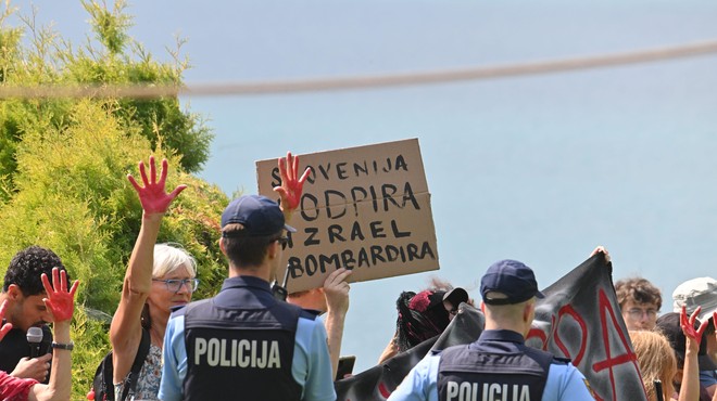 Uvod Blejskega strateškega foruma zasenčile vreče "trupel" in okrvavljene roke (foto: Žiga Živulović Jr./Bobo)