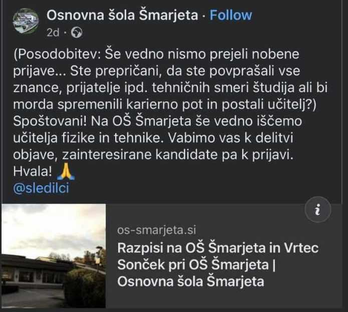 Objava, s pomočjo katere so na OŠ Šmarjeta iskali učitelje fizike in tehnike.