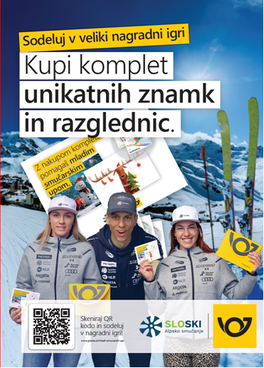 »Kupi komplet unikatnih razglednic in znamk – pomagaj mladim smučarjem – sodeluj v veliki nagradni igri« (foto: promocijska fotografija)